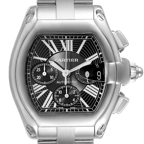 This image shows a front view of the Cartier Roadster W62020X6 Men's Stainless Steel Black Dial W62020X6 Men's Stainless Steel Black Dial watch, highlighting its face, crown, and chronograph dials.