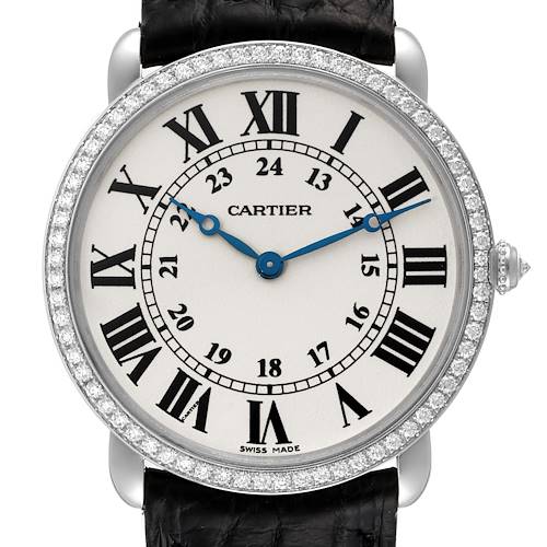 Front view of a Cartier Ronde WR000551 Men's White Gold Silver Dial WR000551 Men's White Gold Silver Dial watch showing the face with Roman numerals, blue hands, and a diamond-studded bezel.