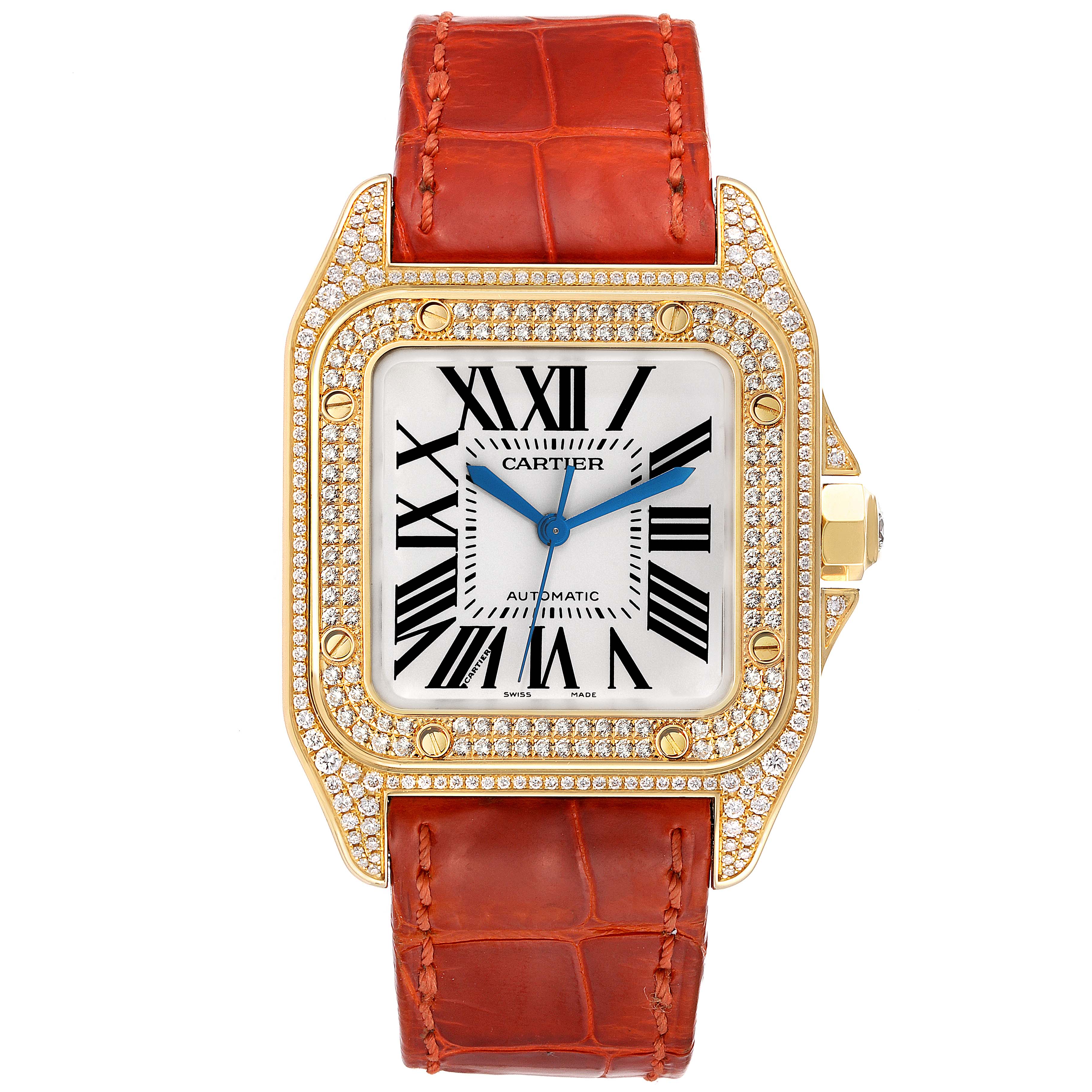 The Cartier Santos WM502051 Men's Yellow Gold Silver Dial WM502051 Men's Yellow Gold Silver Dial watch is shown from the front, featuring a gold case, diamond bezel, Roman numeral dial, and orange leather strap.