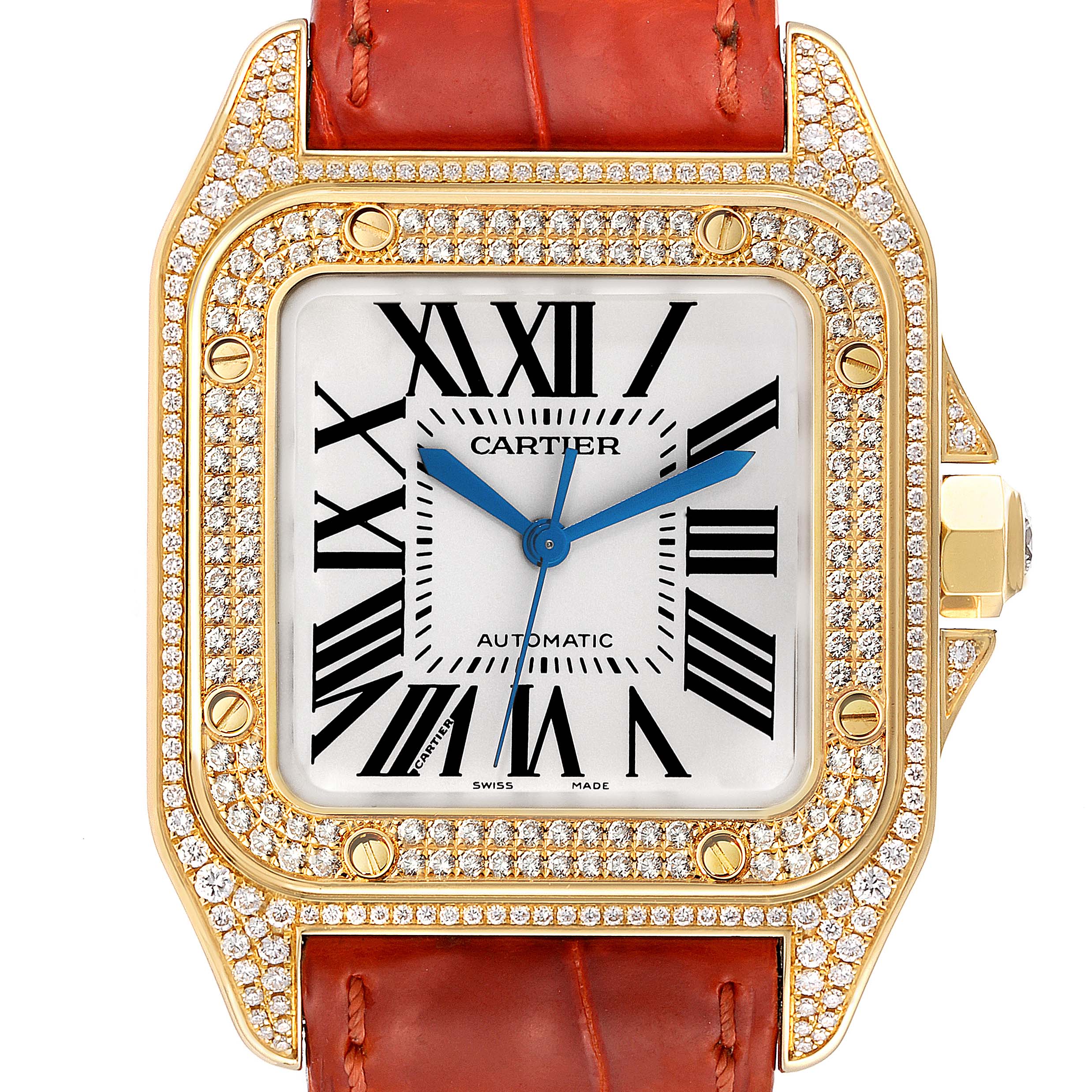 This Cartier Santos WM502051 Men's Yellow Gold Silver Dial WM502051 Men's Yellow Gold Silver Dial model watch is shown from a front angle, displaying its diamond-studded bezel, dial, hands, and part of the leather strap.