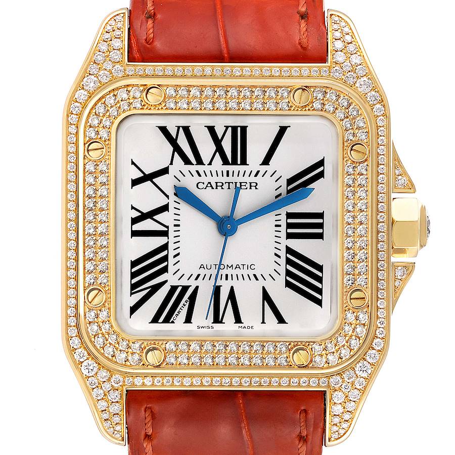 This Cartier Santos WM502051 Men's Yellow Gold Silver Dial WM502051 Men's Yellow Gold Silver Dial model watch is shown from a front angle, displaying its diamond-studded bezel, dial, hands, and part of the leather strap.