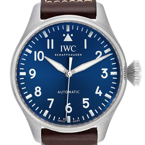 This image shows a Pilot model watch by IWC from the front, featuring the dial, crown, and leather strap.