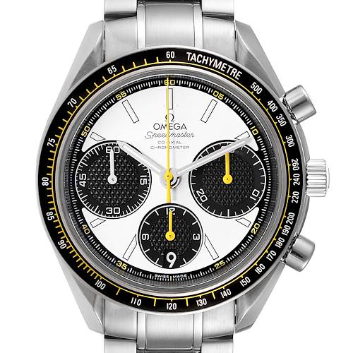 This image shows the front view of the Omega Speedmaster 326.30.40.50.04.001 Men's Stainless Steel White Dial 326.30.40.50.04.001 Men's Stainless Steel White Dial watch, highlighting its dial, subdials, tachymeter, and pushers.