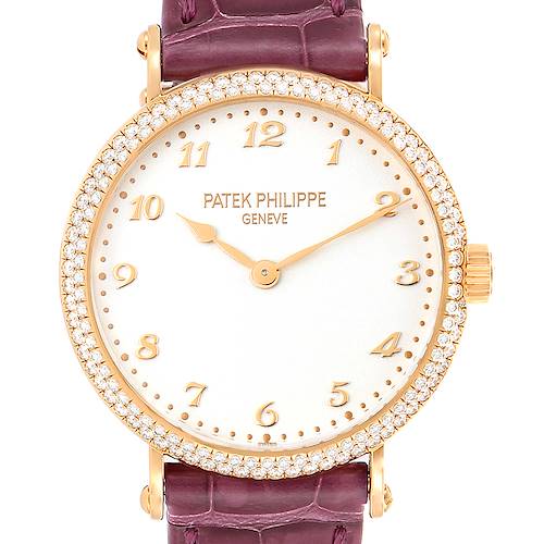 The image shows a front view of the Patek Philippe Calatrava 7200/200R Women's Rose Gold Silver Dial 7200/200R Women's Rose Gold Silver Dial watch, highlighting the dial, bezel, and strap.