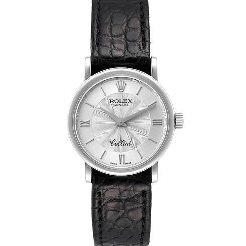 The image shows a Rolex Cellini 6110 Women's White Gold Silver Dial 6110 Women's White Gold Silver Dial watch front view, highlighting the dial, hands, and leather strap.