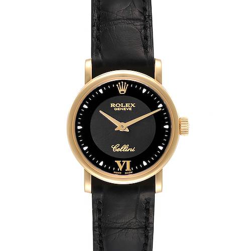 The Rolex Cellini 6110 Women's Yellow Gold Black Dial 6110 Women's Yellow Gold Black Dial model is shown from a front angle, displaying its dial, hands, bezel, crown, and leather strap.