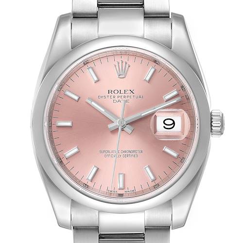 The image shows a front view of the Rolex Date 115200 Men's Stainless Steel Pink Dial 115200 Men's Stainless Steel Pink Dial watch, highlighting the dial, crown, and part of the bracelet.