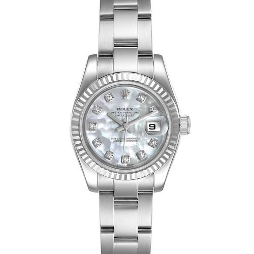 This image shows the front view of a Rolex Datejust 179174 Women's Stainless Steel Mother of Pearl Dial 179174 Women's Stainless Steel Mother of Pearl Dial watch, including the dial, bezel, and bracelet.