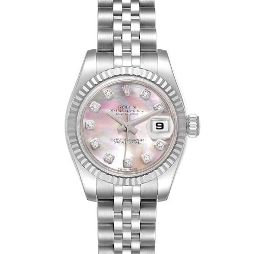 The image shows a Rolex Datejust 179174 Women's Stainless Steel Mother of Pearl Dial 179174 Women's Stainless Steel Mother of Pearl Dial watch from a front angle, highlighting its dial, bezel, bracelet, and date display.