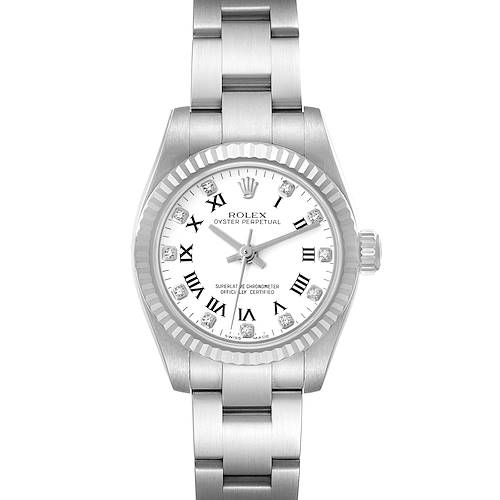 The image shows a front view of a Rolex Oyster Perpetual 176234 Women's Stainless Steel White Dial 176234 Women's Stainless Steel White Dial watch, displaying its dial, bezel, and bracelet.