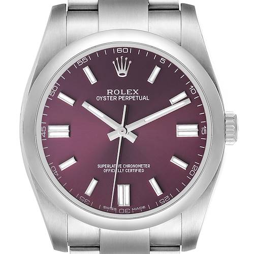 The image shows a front view of a Rolex Oyster Perpetual 116000 Men's Stainless Steel Burgundy Dial 116000 Men's Stainless Steel Burgundy Dial watch with a purple dial and stainless steel case and bracelet.