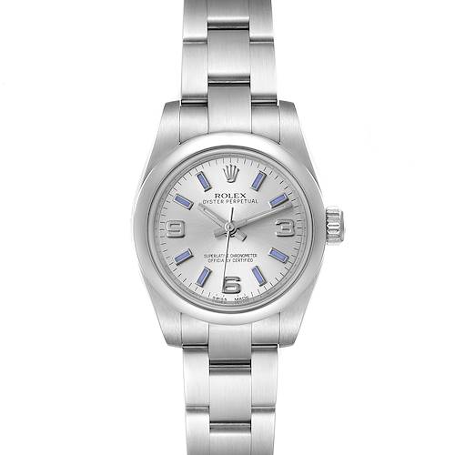 The image shows a front view of a Rolex Oyster Perpetual 176200 Women's Stainless Steel Silver Dial 176200 Women's Stainless Steel Silver Dial watch displaying the dial, hands, bracelet, and crown.