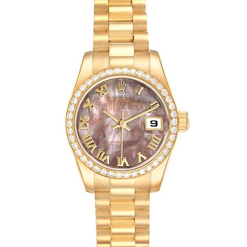 This Rolex President 179138 Women's Yellow Gold Mother of Pearl Dial 179138 Women's Yellow Gold Mother of Pearl Dial model watch is shown from a top-down angle, highlighting the face, bezel, dial, and bracelet.