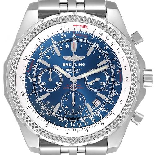 The Breitling Bentley A25362 Men's Stainless Steel Blue Dial A25362 Men's Stainless Steel Blue Dial watch is shown from the front, highlighting the dial, bezel, and chronograph features.