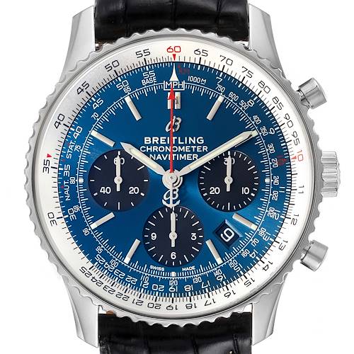 The image shows a front view of a Breitling Navitimer AB0121C4-C920-731P Men's Stainless Steel Blue Dial AB0121C4-C920-731P Men's Stainless Steel Blue Dial watch, highlighting its blue dial, chronograph sub-dials, and black leather strap.