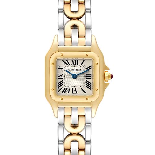 The image shows a Panthère de Cartier watch, emphasizing its face, two-tone band, and detailed crown.