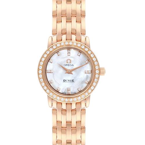 The Omega 4135.75.00 Women's Rose Gold Mother of Pearl Dial 4135.75.00 Women's Rose Gold Mother of Pearl Dial DeVille Prestige watch is shown in a front view, displaying its face and rose gold bracelet.