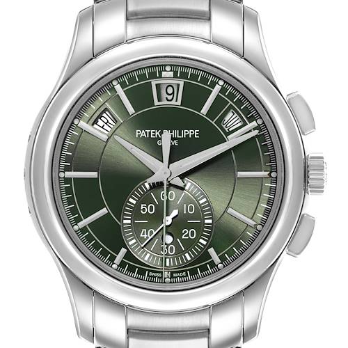 This Patek Philippe Complications 5905/1A-001 Men's Stainless Steel Green Dial 5905/1A-001 Men's Stainless Steel Green Dial model is shown from the front, displaying its green dial, subdials, and metallic bracelet.