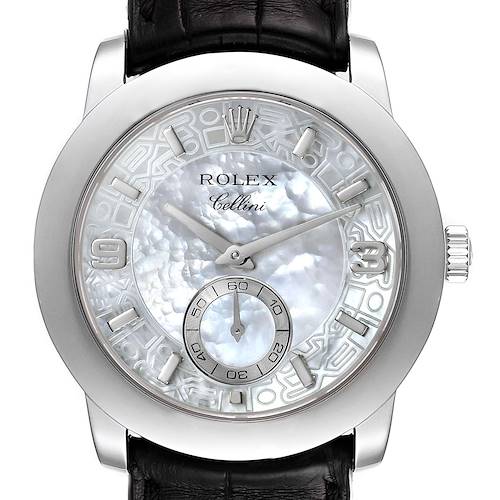 The image shows a close-up, front angle of a Rolex Cellini 5240 Men's Platinum Mother of Pearl Dial 5240 Men's Platinum Mother of Pearl Dial watch, highlighting the dial, crown, and part of the leather strap.