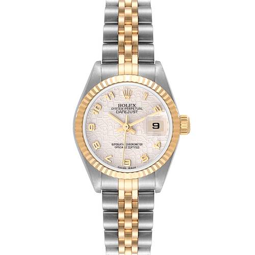 This Rolex Datejust 79173 Women's Steel and Gold (two tone) Beige Dial 79173 Women's Steel and Gold (two tone) Beige Dial watch is shown from the front, highlighting its face, bezel, and bracelet.