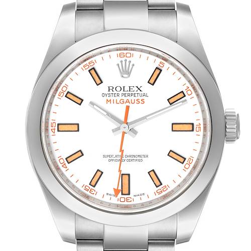 This image shows the front view of a Rolex Milgauss 116400V Men's Stainless Steel White Dial 116400V Men's Stainless Steel White Dial watch with a white dial, orange markers, and a stainless steel bracelet.