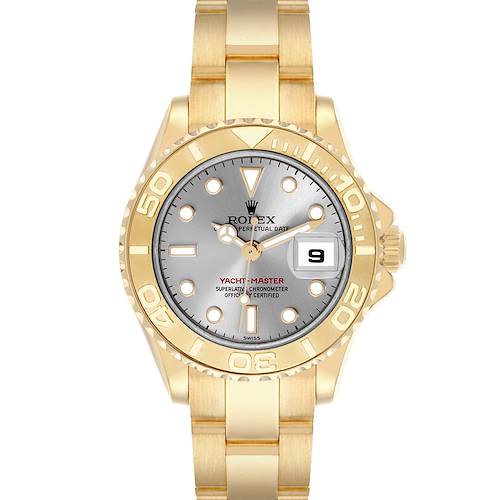 The Rolex Yacht-Master 169628 Women's Yellow Gold Grey Dial 169628 Women's Yellow Gold Grey Dial is shown from a top-down angle, displaying the dial, bezel, case, bracelet, and crown.