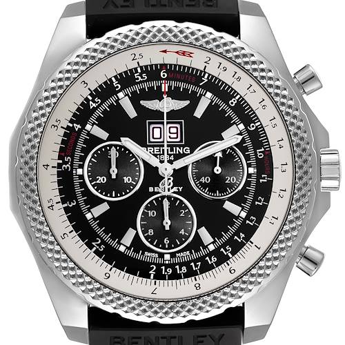 The Breitling Bentley A4436412/B595 Men's Stainless Steel Black Dial A4436412/B595 Men's Stainless Steel Black Dial watch face is shown at a straight-on angle, highlighting its detailed chronograph and knurled bezel.