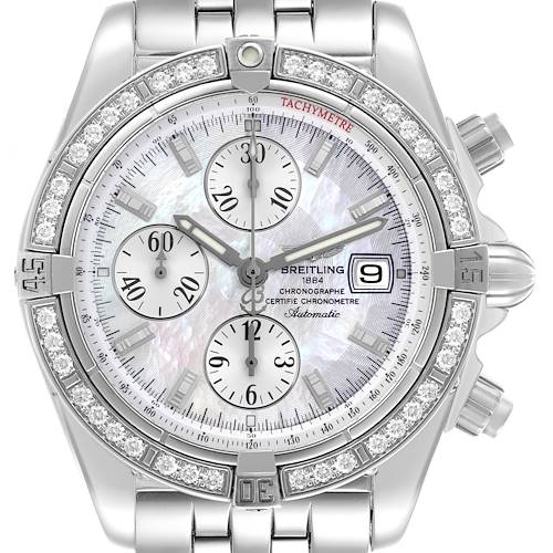 The image shows a frontal view of the Breitling Chronomat A13356 Men's Stainless Steel Mother of Pearl Dial A13356 Men's Stainless Steel Mother of Pearl Dial watch, highlighting its dial, bezel, and bracelet.