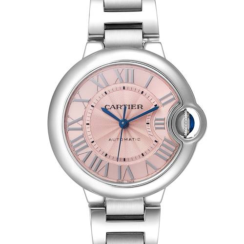The Cartier Ballon Bleu W6920100 Women's Stainless Steel Pink Dial W6920100 Women's Stainless Steel Pink Dial watch is shown from a front angle, featuring its face, crown, and part of the bracelet.