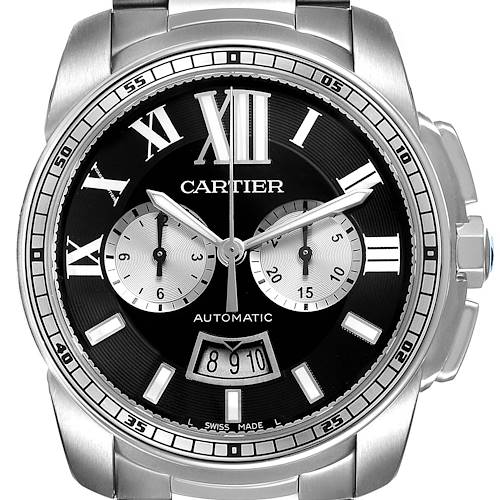 The image shows a front view of a Calibre de Cartier model by Cartier, displaying the dial, hands, subdials, and part of the bracelet.