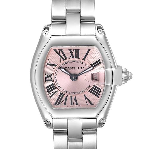 The image shows a front view of a Cartier Roadster W62017V3 Women's Stainless Steel Pink Dial W62017V3 Women's Stainless Steel Pink Dial model watch, displaying its dial, case, bracelet, and date window.