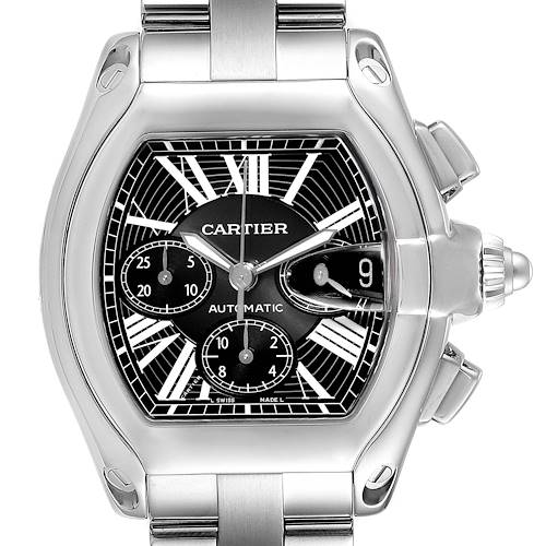The image shows a front view of the Cartier Roadster W62020X6 Men's Stainless Steel Black Dial W62020X6 Men's Stainless Steel Black Dial watch, displaying its black dial, stainless steel case, and the chronograph subdials.