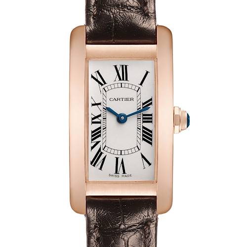 The Cartier Tank Americaine W2607456 Women's Rose Gold Silver Dial W2607456 Women's Rose Gold Silver Dial watch is shown from the front, highlighting the dial, case, and straps.