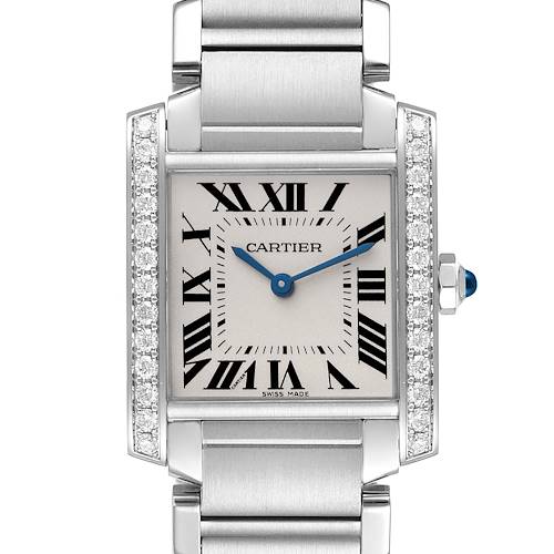 The Cartier Tank Française watch is shown from the front, highlighting its face and diamond details on the bracelet.