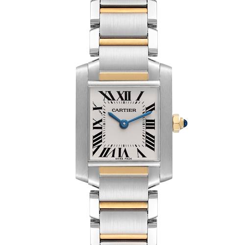 The image shows a front view of a Tank Française watch by Cartier, highlighting the face, bezel, and part of the bracelet.