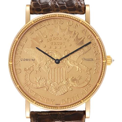 The Corum Coin Watch 1900 Men's Yellow Gold Champagne Dial 1900 Men's Yellow Gold Champagne Dial is shown from the front, highlighting the gold dial and intricate coin design.