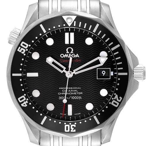 The image shows a close-up of the Omega Seamaster 212.30.41.20.01.002 Men's Stainless Steel Black Dial 212.30.41.20.01.002 Men's Stainless Steel Black Dial watch face, bezel, crown, and part of the metal bracelet.