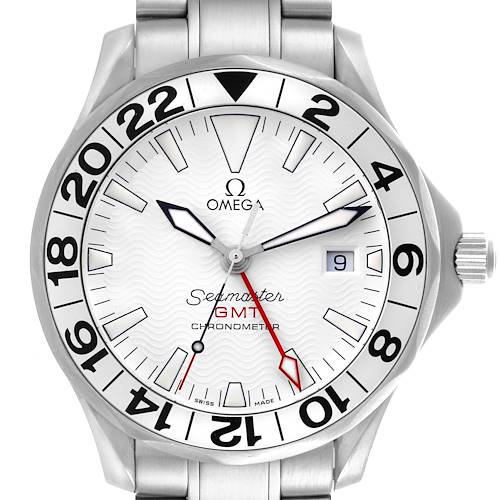 The Omega Seamaster 2538.20.00 Men's Stainless Steel White Dial 2538.20.00 Men's Stainless Steel White Dial GMT watch is shown from the front, displaying its dial, bezel, crown, and part of the bracelet.