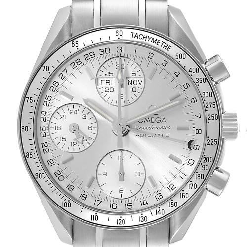 This image shows a frontal view of the Omega Speedmaster 3523.30.00 Men's Stainless Steel Silver Dial 3523.30.00 Men's Stainless Steel Silver Dial watch face, displaying its chronograph, date, and tachymeter features.