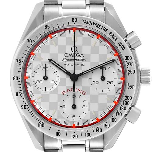 The image shows a front view of an Omega Speedmaster 3517.30.00 Men's Stainless Steel Silver Dial 3517.30.00 Men's Stainless Steel Silver Dial Racing watch, highlighting the face, bezel, pushers, and crown.