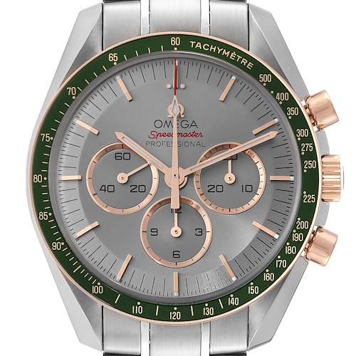 The image shows a front view of an Omega Speedmaster 522.20.42.30.06.001 Men's Steel and Gold (two tone) Silver Dial 522.20.42.30.06.001 Men's Steel and Gold (two tone) Silver Dial watch, highlighting the tachymeter bezel, chronograph subdials, and hands.