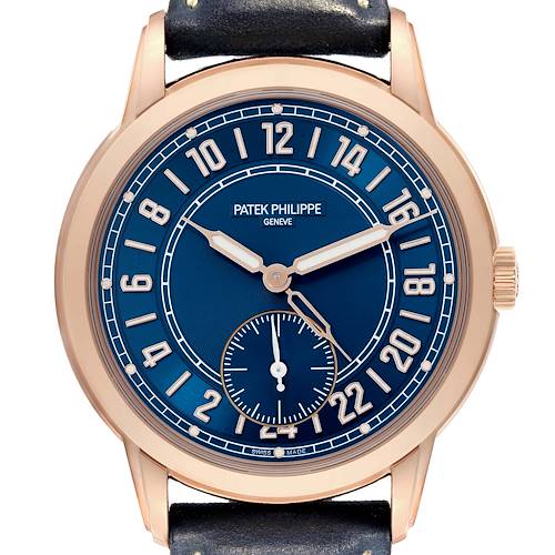 The Patek Philippe Calatrava 5224R-001 Men's Rose Gold Blue Dial 5224R-001 Men's Rose Gold Blue Dial watch is shown from a front angle, displaying the full face and partial strap.