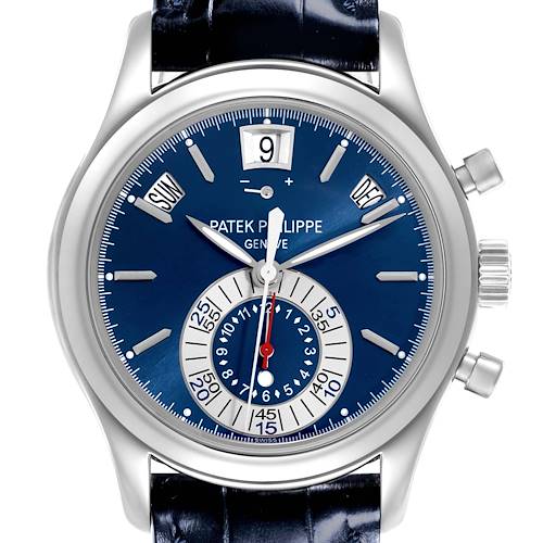 The Patek Philippe Complications 5960P-015 Men's Platinum Blue Dial watch is shown from the front, displaying its face, dial, subdials, and pushers.