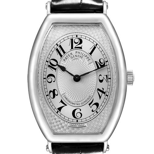 The Patek Philippe Gondolo 5098P-001 Men's Platinum Silver Dial 5098P-001 Men's Platinum Silver Dial watch is shown from a front angle, highlighting its dial, case, and crown.