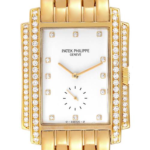 The Patek Philippe Gondolo 5025/1J Men's Yellow Gold White Dial 5025/1J Men's Yellow Gold White Dial watch is shown from the front, highlighting its rectangular face, bezel with diamonds, and gold bracelet.