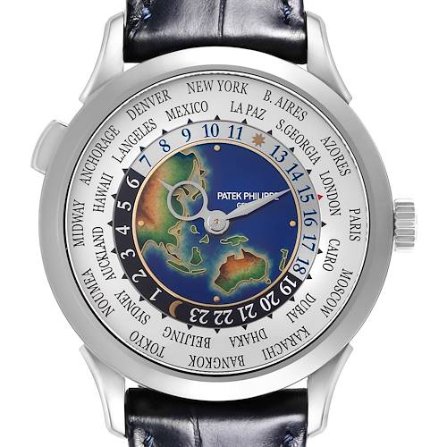 The image shows a front view of a Patek Philippe Complications 5231G-001 Men's White Gold Silver Dial 5231G-001 Men's White Gold Silver Dial watch, highlighting the face, hands, and world time zones.