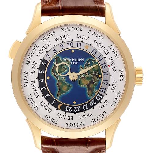 The image shows a frontal view of the Patek Philippe Complications 5231J-001 Men's Yellow Gold Silver Dial 5231J-001 Men's Yellow Gold Silver Dial watch, highlighting its bezel, dial, and city names.