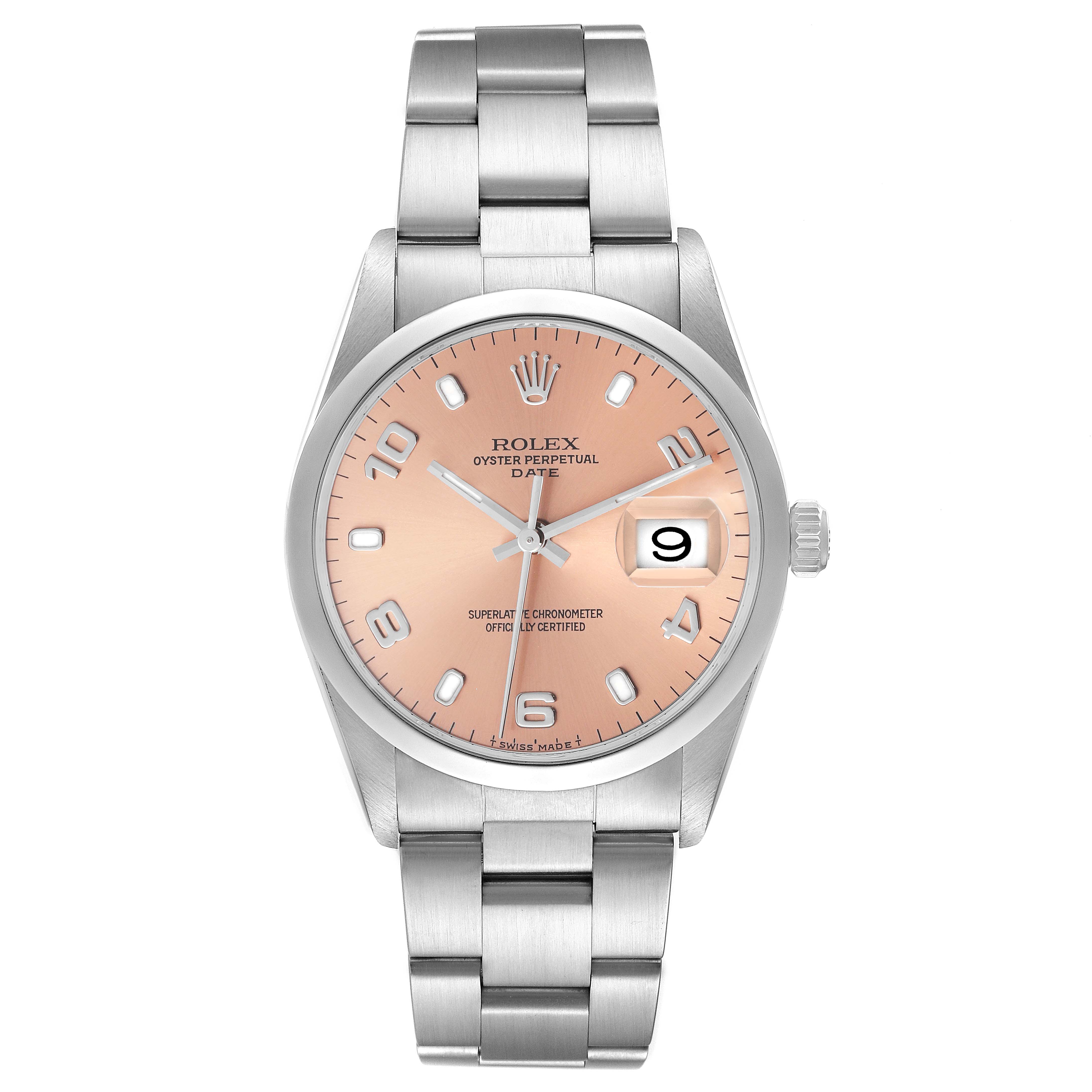 The Rolex Date 15200 Men's Stainless Steel Pink Dial 15200 Men's Stainless Steel Pink Dial watch is shown from a front angle, displaying its face, bracelet, and crown.