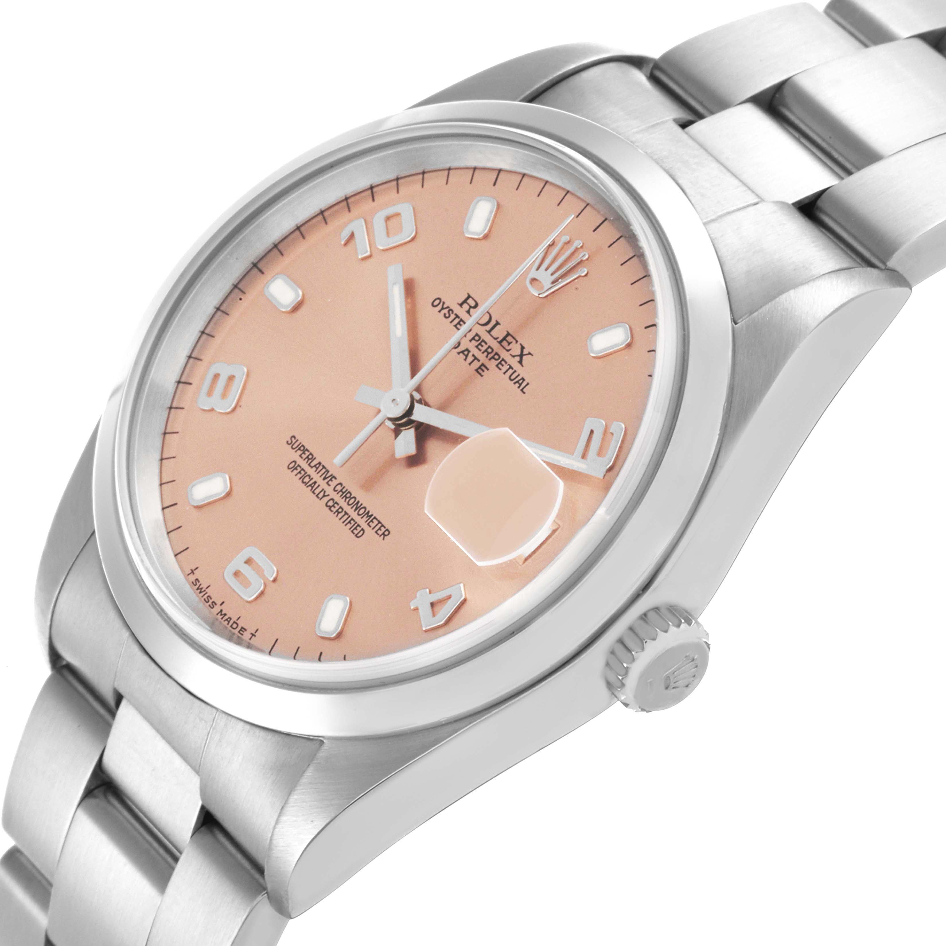 The Rolex Date 15200 Men's Stainless Steel Pink Dial 15200 Men's Stainless Steel Pink Dial watch is shown from a top-side angle, highlighting the dial, bezel, crown, and bracelet.