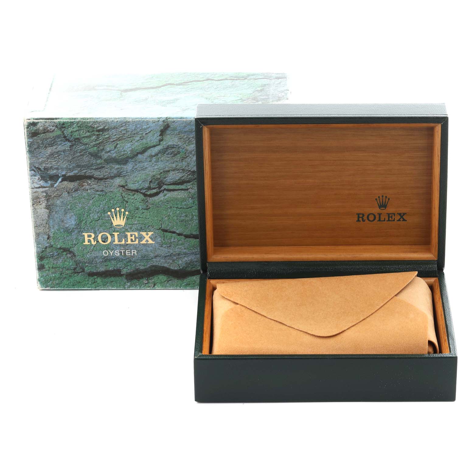 The image shows a Rolex Date 15200 Men's Stainless Steel Pink Dial 15200 Men's Stainless Steel Pink Dial watch box and outer box, open with no visible watch inside.